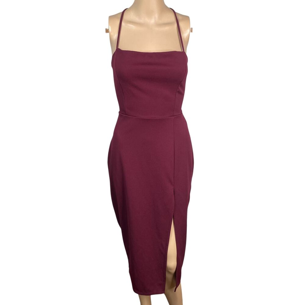 Vintage Y2K Windsor Burgundy Lace Up Back Midi Dress M Front Slit Stretch